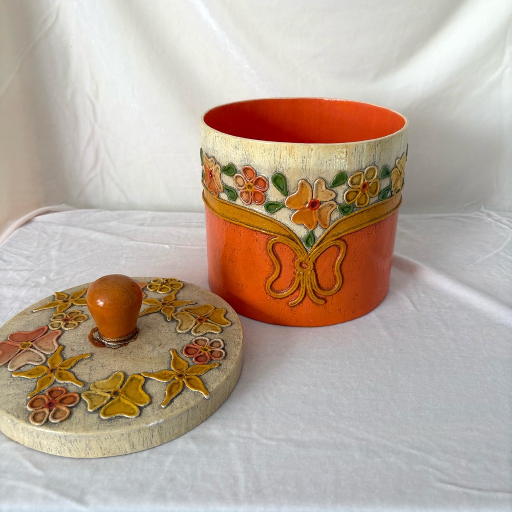 Vintage floral orange 70s paper mache storage canister home decor accent trinket - Picture 4 of 5